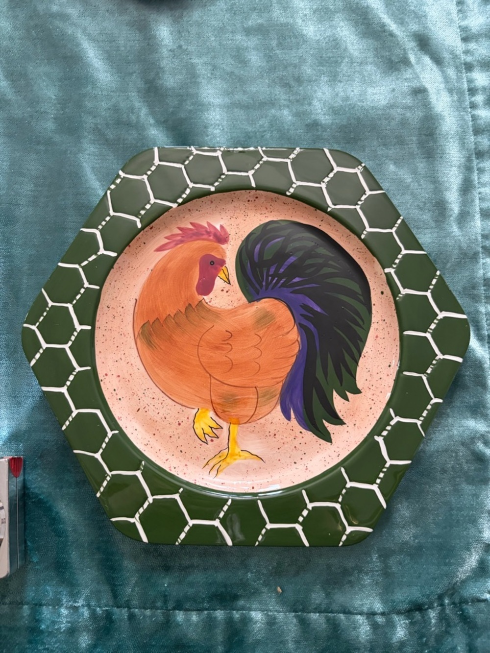 Hand-Painted Rooster Decorative Plate - Green & Peach